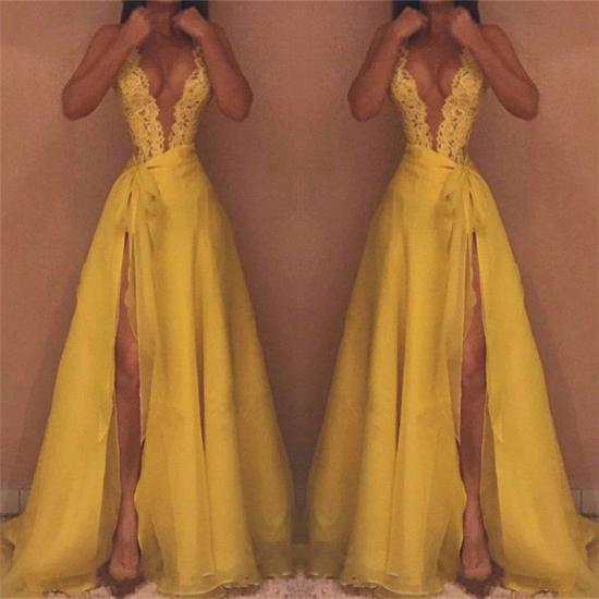 Tiefer V-Ausschnitt Sexy Gelbe Abendkleider 2022 | Seitenschlitz Spitze Ärmellos Günstige Ballkleider_3