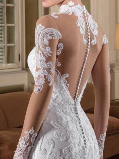 Sexy See-Through Mermaid Wedding Dress High-Neck Lace Long Sleeve Bridal Gowns with Sweep Train_2