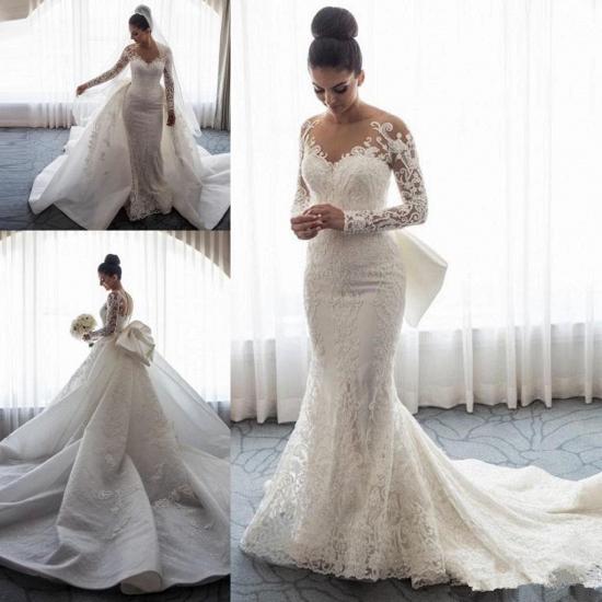 Chic Long Sleeve Mermaid Lace Wedding Dress With Detachable Train_4