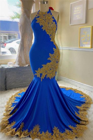 Gold Lace Royal Blue Prom Dresses with Beads | Open Back Plus Size Formal Dresses Cheap_1
