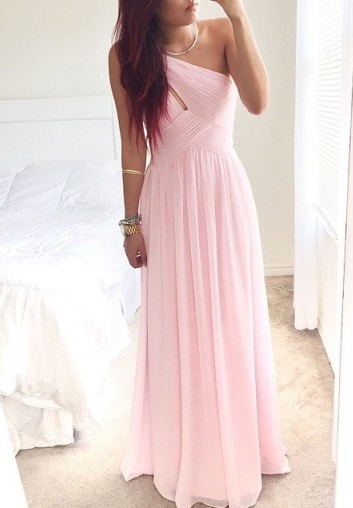 One Shoulder Pink Chiffon Prom Dress Ruffles A-Line Floor Length Summer Dresses
