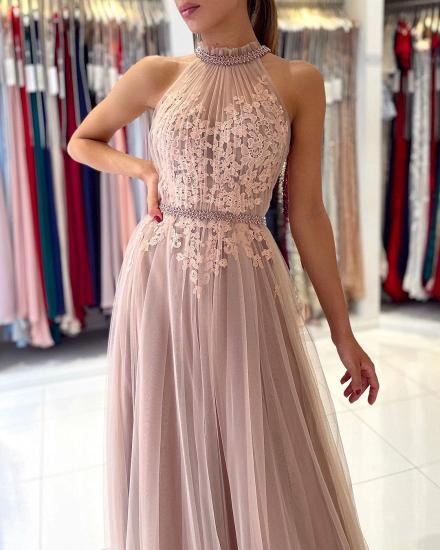 Stunning Halter Lace Appliques Tulle Aline Evening Maxi Dress_4