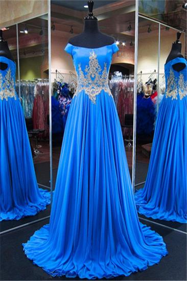 Royal Blue Off-the-Shoulder A-line Prom Dresses 2022 Appliques Lace-Up Evening Gowns with Beadings_2