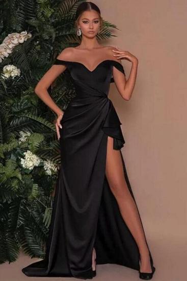 Sexy Off-the-Shoulder Black Side Slit Evening Dress Satin Long Prom Dress_1