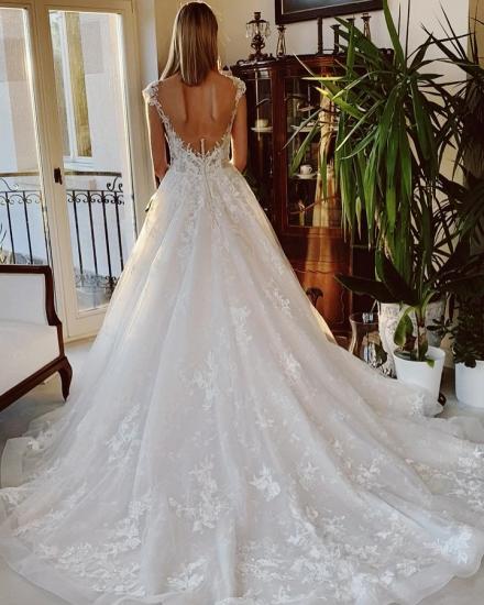 V-Neck A-line Wedding Dress Sleeveless Tulle Lace Appliques Bridal Dress_2