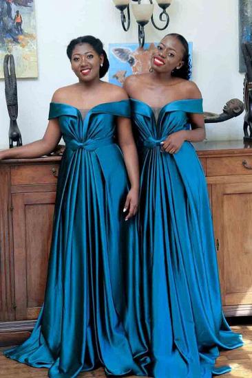 Sexy New Off-shoulder Sweep Train Bridesmaid Dresses With Bow Belt | Long Blue Wedding Party Dresses_2