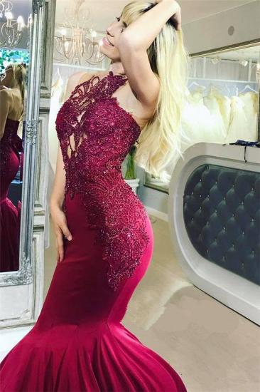 2022 Burgundy Sleeveless Mermaid Prom Dresses | Cheap Lace Beads Evening Dress_3