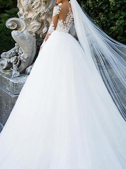 Formal Ball Gown A-Line Wedding Dress Jewel Lace Tulle Long Sleeve Sexy See-Through Backless Bridal Gowns with Sweep Train_2