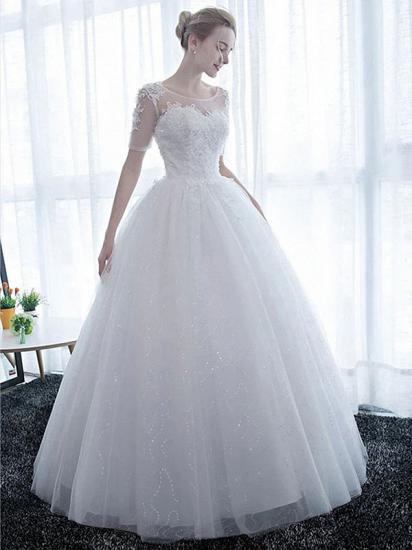 Half Sleeves Tulle White Lace Ruffles Ball Gown Wedding Dresses_2