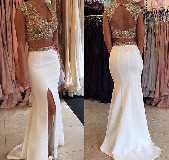 Glamorous Two Pieces Prom Dresses Beadings Cap Sleeve Long Party Gowns_1