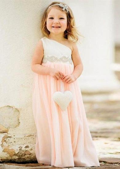 Zarte One Shoulder Chiffon Blumenmädchen Kleid | Festzugkleider für kleine Mädchen mit Perlen