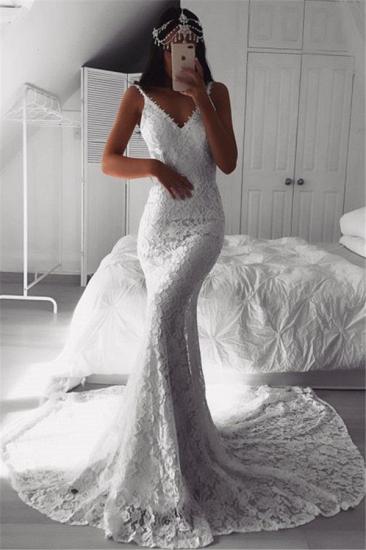 Elegante Brautkleider mit V-Ausschnitt aus Spitze | Ärmelloses Etui-Hochzeitskleid 2022