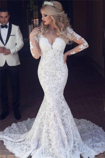 Long Sleeve Mermaid Lace Wedding Dress Sexy Open Back V-neck Classic Bridal Gown_2