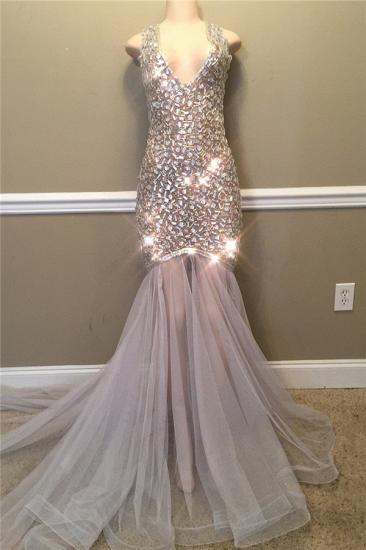 Sparkling Crystal Straps Sexy V-neck Prom Dresses | Open Back Fit and Flare Alluring Evening Gowns