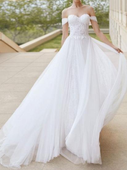 Formal Plus Size A-Line Wedding Dress Off Shoulder Tulle Short Sleeve Bridal Gowns with Court Train