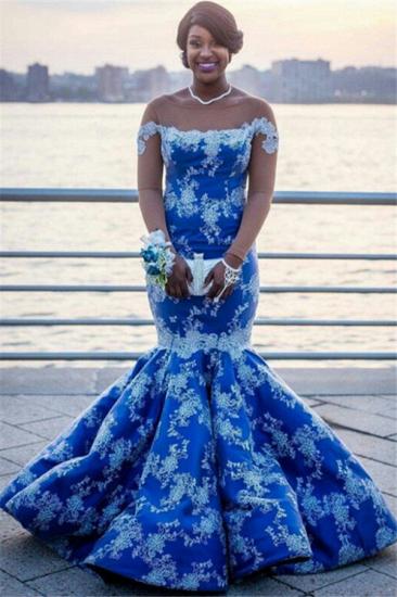 2022 Ocean Blue White Lace Mermaid Prom Dresses | Bateau See Through Tulle Long Sleeve Evening Gown