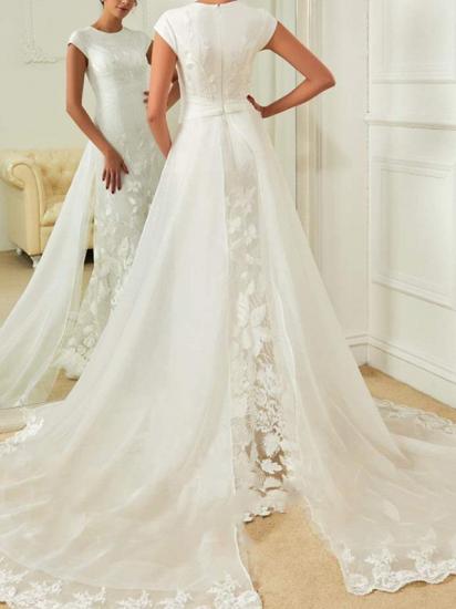 Simple A-Line Wedding Dress Jewel Lace Organza Satin Cap Sleeves Bridal Gowns with Sweep Train_2