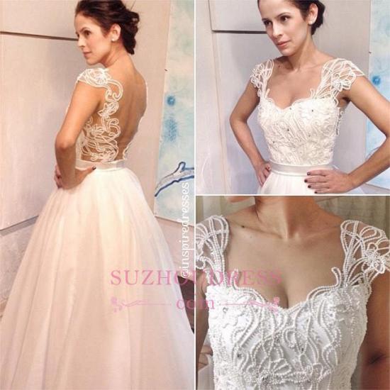 Floor-length Pearls Straps Elegant Backless White A-line Wedding Dress_3