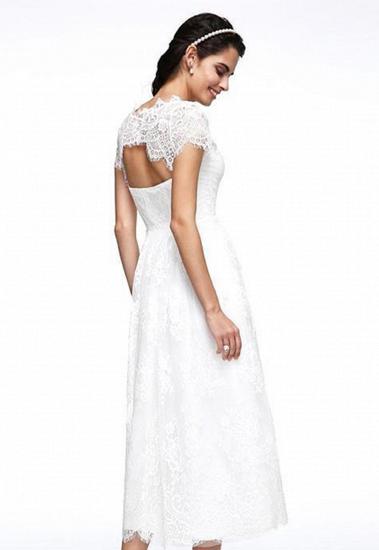 A-Line Wedding Dresses Jewel Neck Tea Length Lace Short Sleeve Simple Casual Illusion  Backless_4