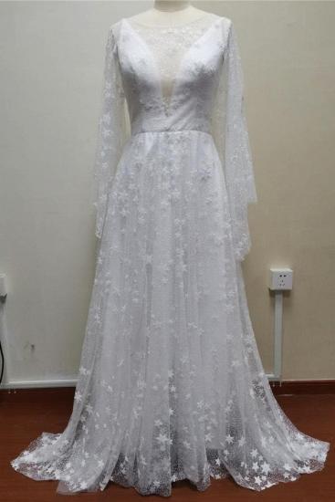 Cheap Boho A Line Long Sleeve Backless Lace Wedding Dresses_5