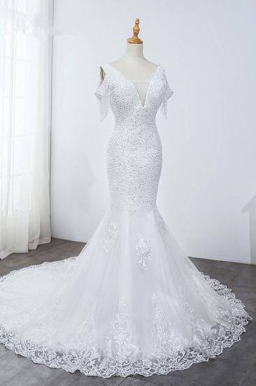 TsClothzone Sparkly Sequined V-Neck Cold-Shoulder White Wedding Dress White Mermaid Lace Appliques Bridal Gowns On Sale_4