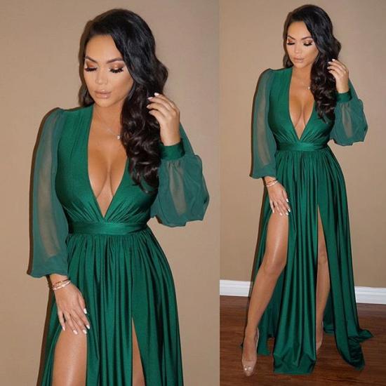 Elegant V-Neck Long Sleeve Prom Dress Green Split Long Evening Gowns_1