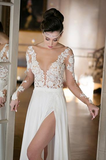 Plunging Neck Long Sleeve Summer Wedding Dress Chiffon Split 2022 Beach Bridal Gowns_6