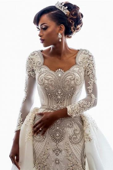 Beads Crystals Long Sleeve Wedding Dresses | Luxury Overskirt Cathedral Train Cheap Bridal Gowns
