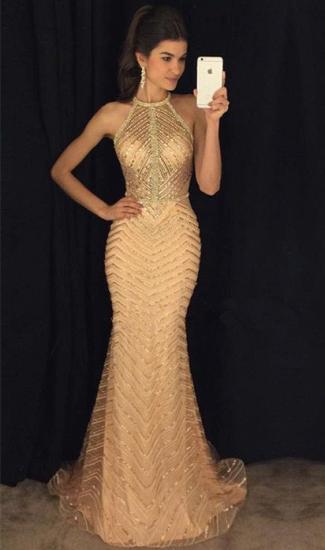 Halter Champagne Gold Sexy Prom Dresses 2022 Sleeveless Mermaid Illusion Long Evening Gown_2