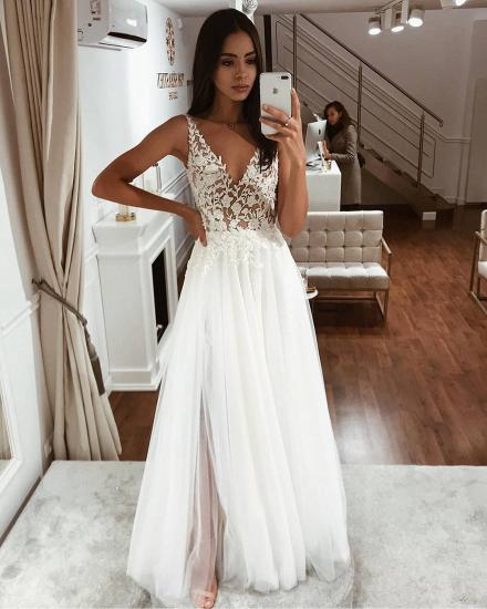 White V-neck Sleeveless Lace Tulle Beach Wedding Dress_2
