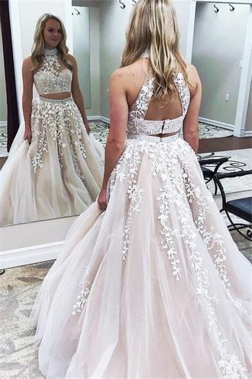 Gorgeous Halter Two Piece Applique Prom Dresses | Elegant Lace Up Crystal Evening Dresses with Beads_2