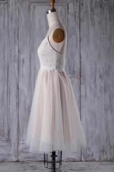 Spaghetti Straps Tulle Nude Pink Lace Short Prom Dresses_5