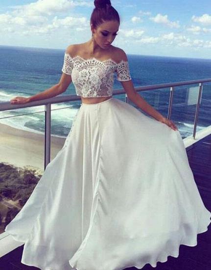 White Two Piece Prom Dresses | Off The Shoulder Lace Long Evening Dress_1