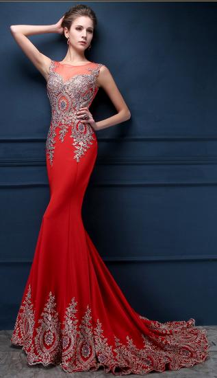 Red Mermaid Charming Applique 2022 Evening Dresses Court Train Sexy Sleeveless Prom Gowns_3