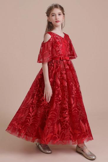 Simple A-line Cold-shoulder Flower Girl Dress | V-neck Tulle Little Girls Dress for Wedding_7