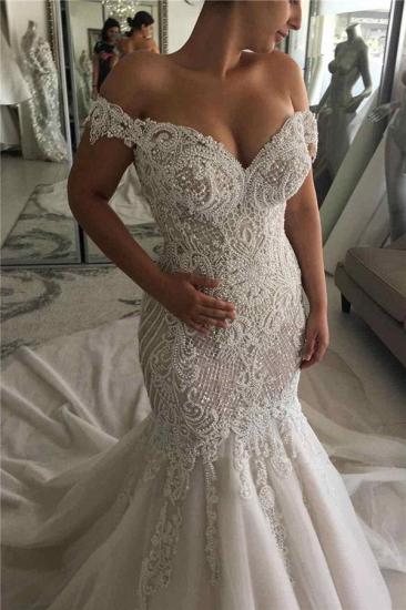 Off The Shoulder Mermaid Wedding Dresses with Full Beads | Open Back Court Train Bridal Dresses Cheap Online