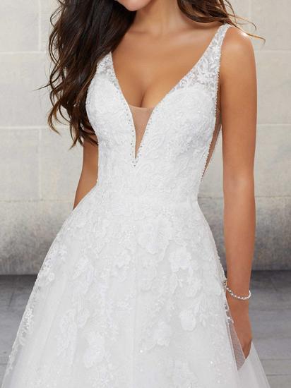 A-Line Wedding Dresses Spaghetti Strap Lace Tulle Sleeveless Bridal Gowns Country Plus Size Sweep Train_3