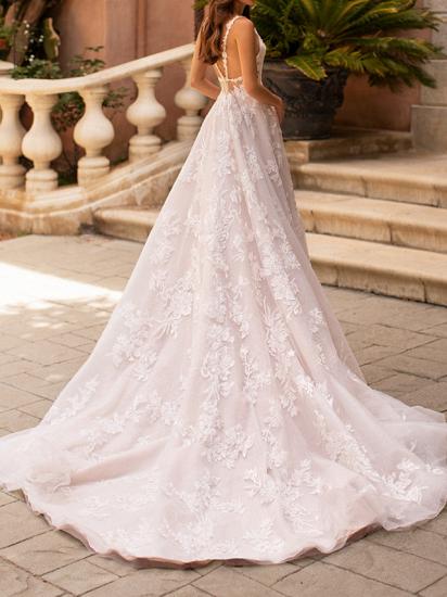 Sleeveless V Neck Tulle Lace Ivory A-Line Wedding Dresses_3