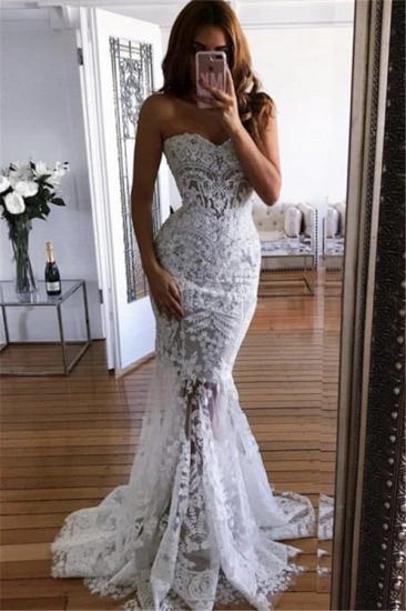 White Sweetheart-Neck Sheer Lace Appliques Mermaid Wedding Dresses