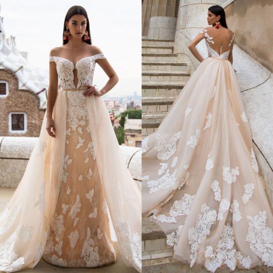Gorgeous Off the Shoulder Princess Bridal Gowns | Lace Overskirt Wedding Dress detachable Train_3
