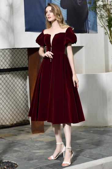 Arick | Unique Burgundy Bubble Sleeve V-neck Velvet Short Prom Dress_11
