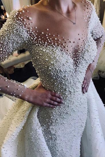 Elfenbein, lange Ärmel, abnehmbarer Zug, V-Ausschnitt, Knopf-Hochzeitskleid mit vollständig bedeckten Perlen_3