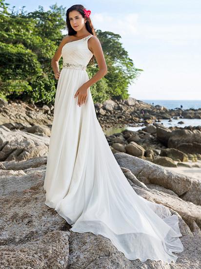 Beach Sparkle A-Line Wedding Dress One Shoulder Chiffon Straps Bridal Gowns Court Train_7
