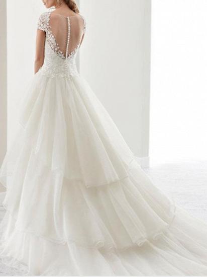 Vintage Asymmetrical A-Line Wedding Dress Jewel Lace Organza Short Sleeve Sexy Bridal Gowns Sweep Train_3