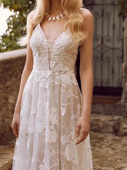 Country Plus Size A-Line Wedding Dress V-neck Lace Tulle Sleeveless Sexy See-Through Bridal Gowns with Sweep Train_3