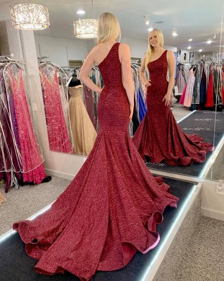 Sexy One Shoulder Sparkly Sequins Mermaid Evening Dress with Sweep Train_2