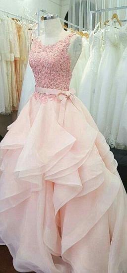 A-Line Pink Lace Tiered 2022 Prom Dress Open Back Sleeveless Bowknot Party Gowns_4