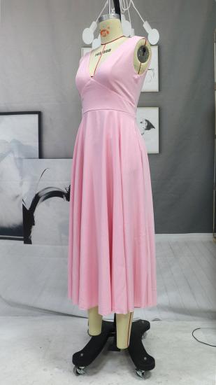 Chic Satin V-Ausschnitt Anke Länge formelles Kleid ärmelloses Abendgesellschaftskleid mit Seitentaschen Kleid für den täglichen Gebrauch_5
