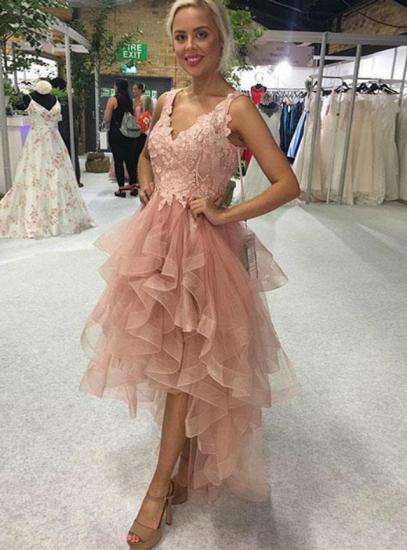 Chic V-Neck Lace Tulle Hi-Lo Homecoming Dress Sleeveless Party Dress_2