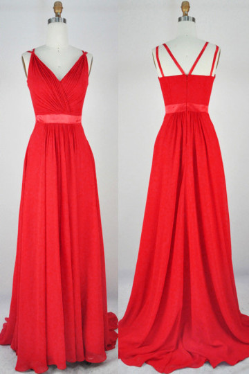Red Tailored V Neck Cheap 2022 Bridesmaid Dresses Chiffon Sweep Train Somple Cute Long Prom Gowns_1